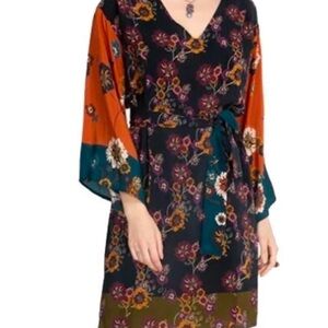 Johnny Was Silk Kimono Dress Small Floral Tie Waist Boho Long Sleeve Belted